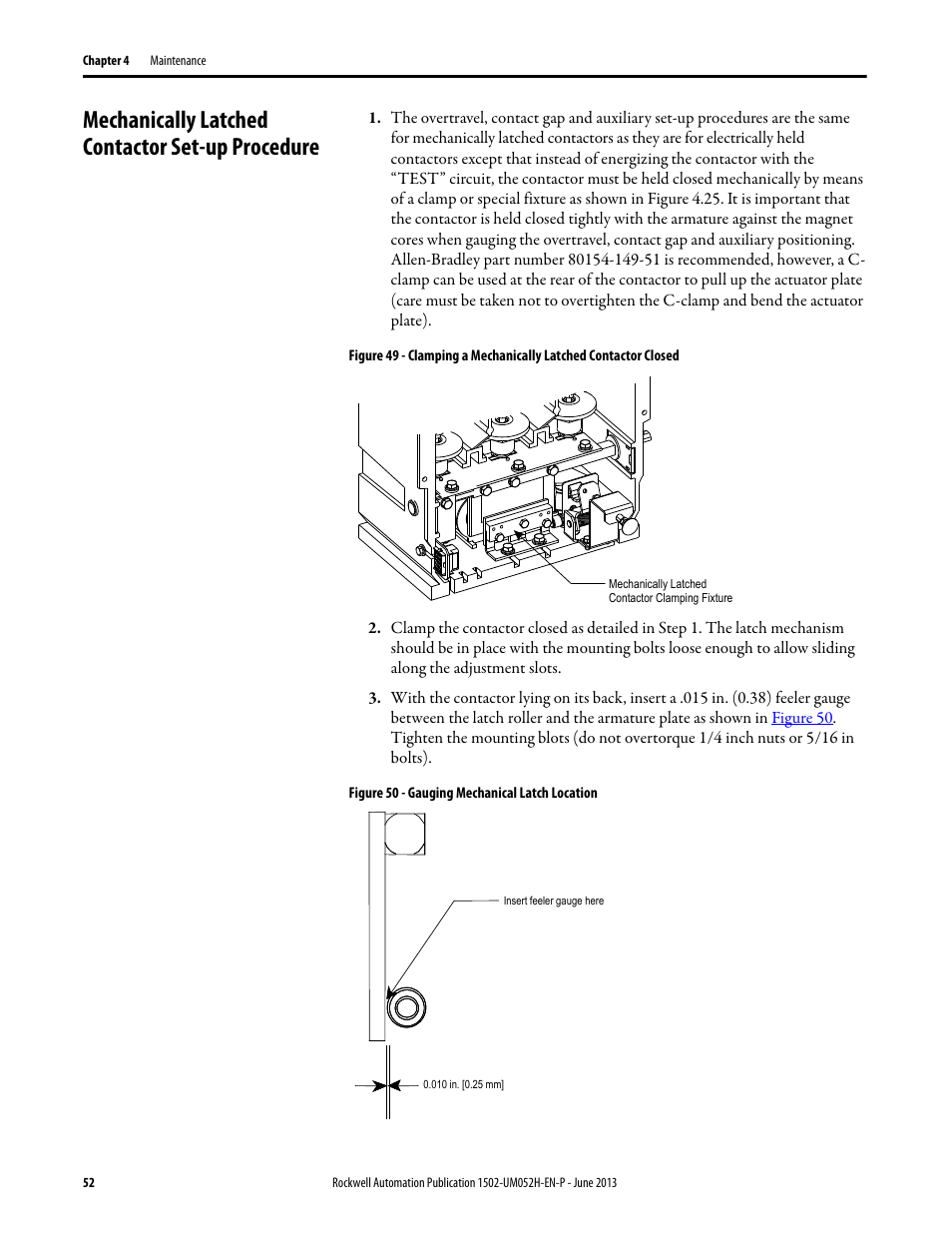 Mechanically latched contactor set-up procedure | Rockwell Automation 1502 Medium Voltage 400A Contactor - Series E User Manual | Page 52 / 60