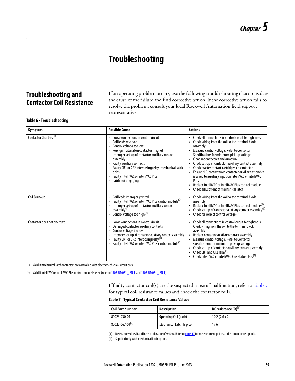 5 - troubleshooting, Troubleshooting and contactor coil resistance, Chapter 5 | Troubleshooting, Chapter | Rockwell Automation 1502 Medium Voltage 400A Contactor - Series E User Manual | Page 55 / 60