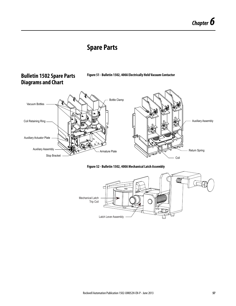 6 - spare parts, Bulletin 1502 spare parts diagrams and chart, Chapter 6 | Spare parts, Chapter | Rockwell Automation 1502 Medium Voltage 400A Contactor - Series E User Manual | Page 57 / 60