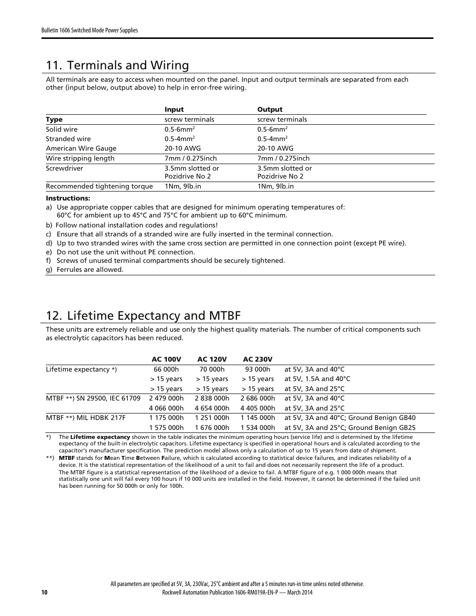 Terminals and wiring, Lifetime expectancy and mtbf | Rockwell Automation 1606-XLP15A Power Supply Reference Manual User Manual | Page 10 / 24