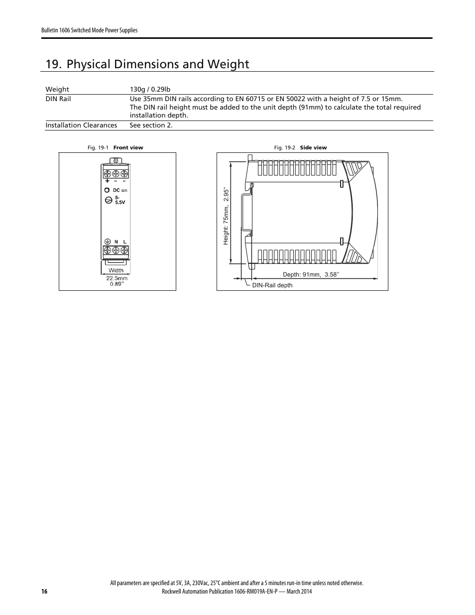 Physical dimensions and weight | Rockwell Automation 1606-XLP15A Power Supply Reference Manual User Manual | Page 16 / 24