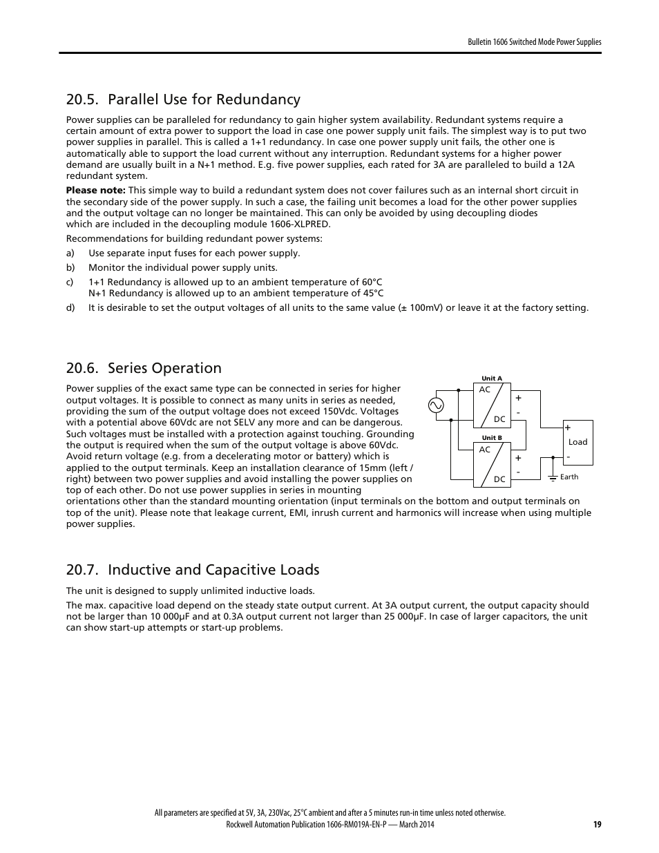 Parallel use for redundancy, Series operation, Inductive and capacitive loads | Rockwell Automation 1606-XLP15A Power Supply Reference Manual User Manual | Page 19 / 24