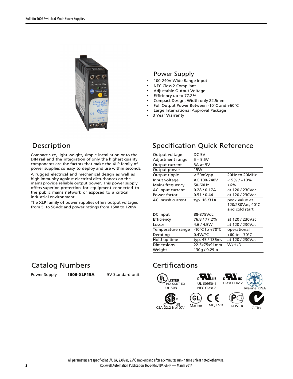 Description, Specification quick reference, Catalog numbers | Certifications, Power supply | Rockwell Automation 1606-XLP15A Power Supply Reference Manual User Manual | Page 2 / 24