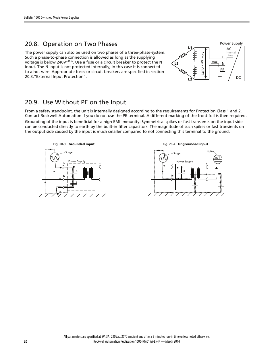 Operation on two phases, Use without pe on the input | Rockwell Automation 1606-XLP15A Power Supply Reference Manual User Manual | Page 20 / 24