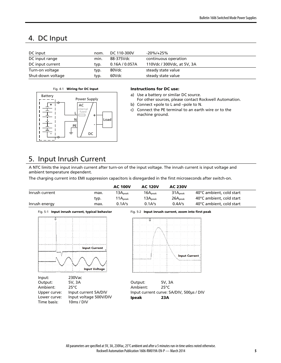 Dc input, Input inrush current | Rockwell Automation 1606-XLP15A Power Supply Reference Manual User Manual | Page 5 / 24