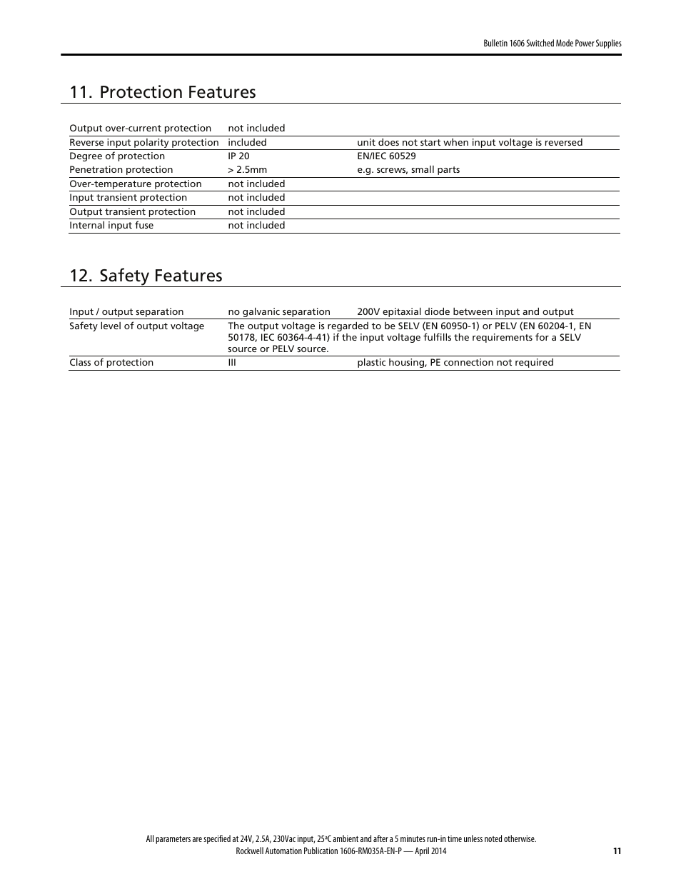 Protection features, Safety features | Rockwell Automation 1606-XLSPRED Power Supply Reference Manual User Manual | Page 11 / 18