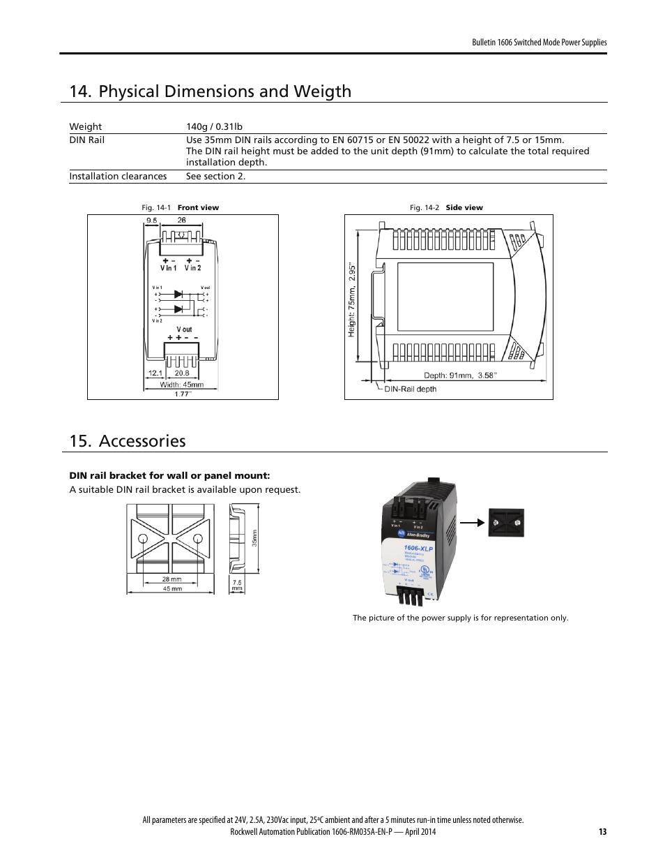 Physical dimensions and weigth, Accessories | Rockwell Automation 1606-XLSPRED Power Supply Reference Manual User Manual | Page 13 / 18