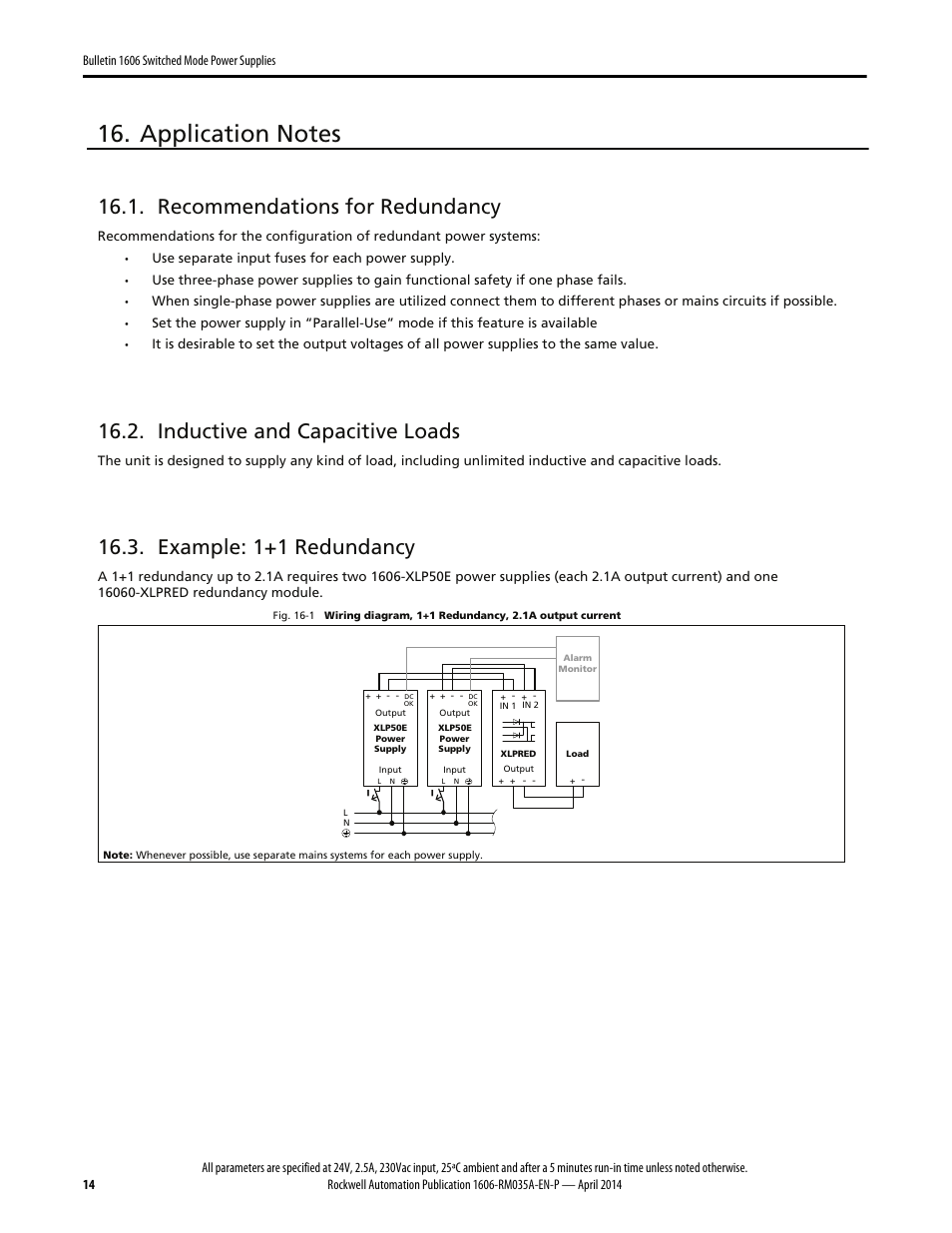 Recommendations for redundancy, Inductive and capacitive loads, Example: 1+1 redundancy | Rockwell Automation 1606-XLSPRED Power Supply Reference Manual User Manual | Page 14 / 18