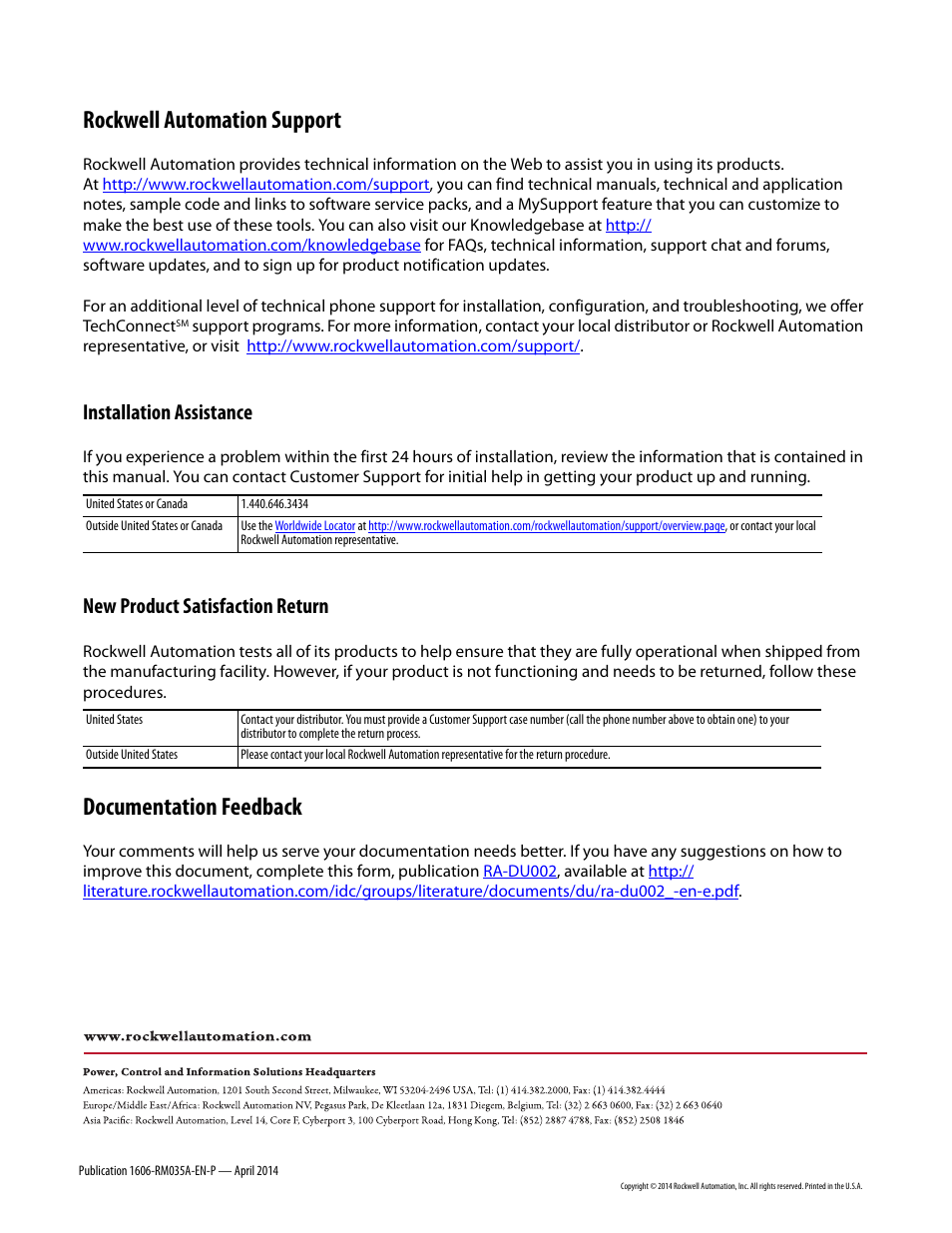 1606-rm035a back, Rockwell automation support, Documentation feedback | Installation assistance, New product satisfaction return | Rockwell Automation 1606-XLSPRED Power Supply Reference Manual User Manual | Page 18 / 18