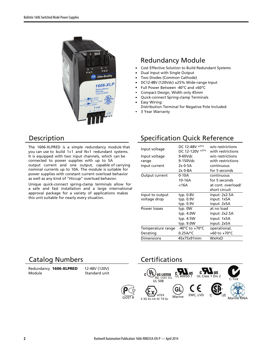 Redundancy module, Description, Specification quick reference | Catalog numbers, Certifications | Rockwell Automation 1606-XLSPRED Power Supply Reference Manual User Manual | Page 2 / 18
