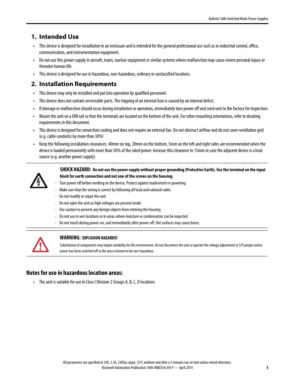 1606-rm035a-en-p, Intended use, Installation requirements | Rockwell Automation 1606-XLSPRED Power Supply Reference Manual User Manual | Page 3 / 18