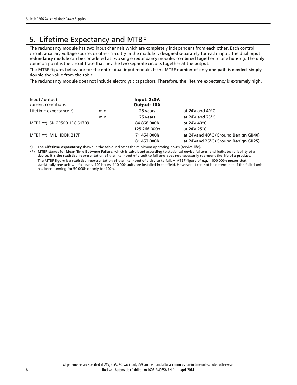 Lifetime expectancy and mtbf | Rockwell Automation 1606-XLSPRED Power Supply Reference Manual User Manual | Page 6 / 18