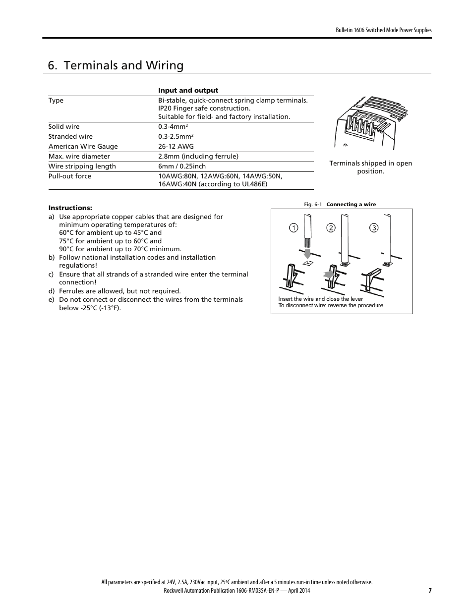 Terminals and wiring | Rockwell Automation 1606-XLSPRED Power Supply Reference Manual User Manual | Page 7 / 18