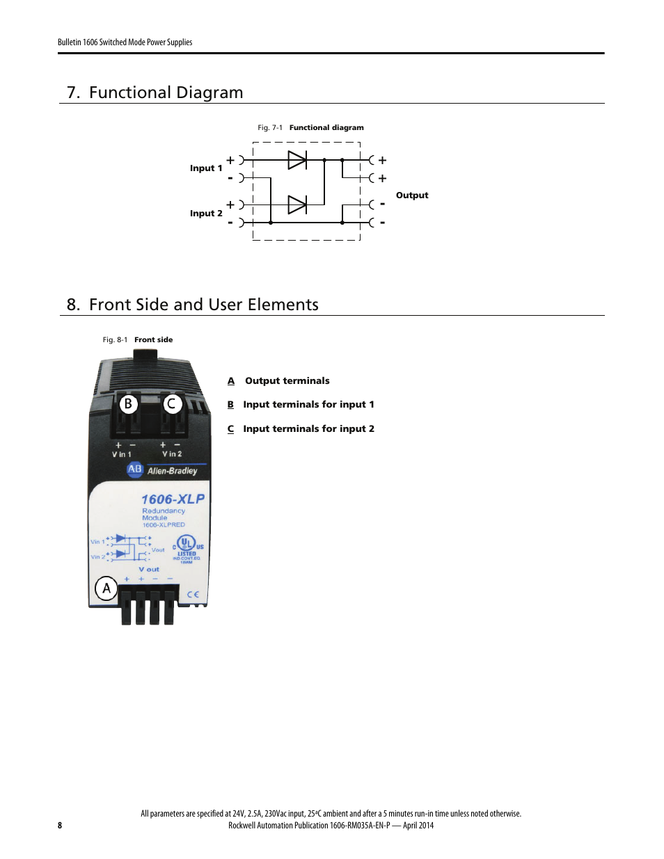 Functional diagram, Front side and user elements | Rockwell Automation 1606-XLSPRED Power Supply Reference Manual User Manual | Page 8 / 18