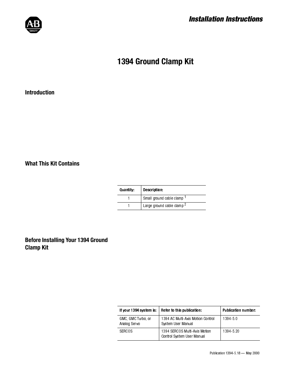 Rockwell Automation 1394C-GCLAMP Ground Clamp Kit Installation Instructions User Manual | 4 pages