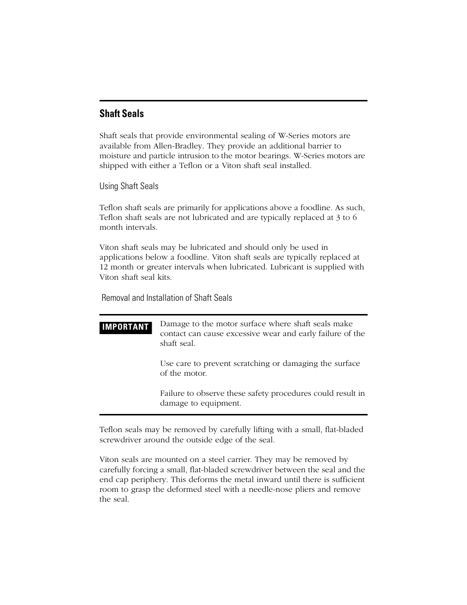 Shaft seals, Using shaft seals, Removal and installation of shaft seals | Rockwell Automation W-Series Brushless Servo Motor  User Manual | Page 18 / 24