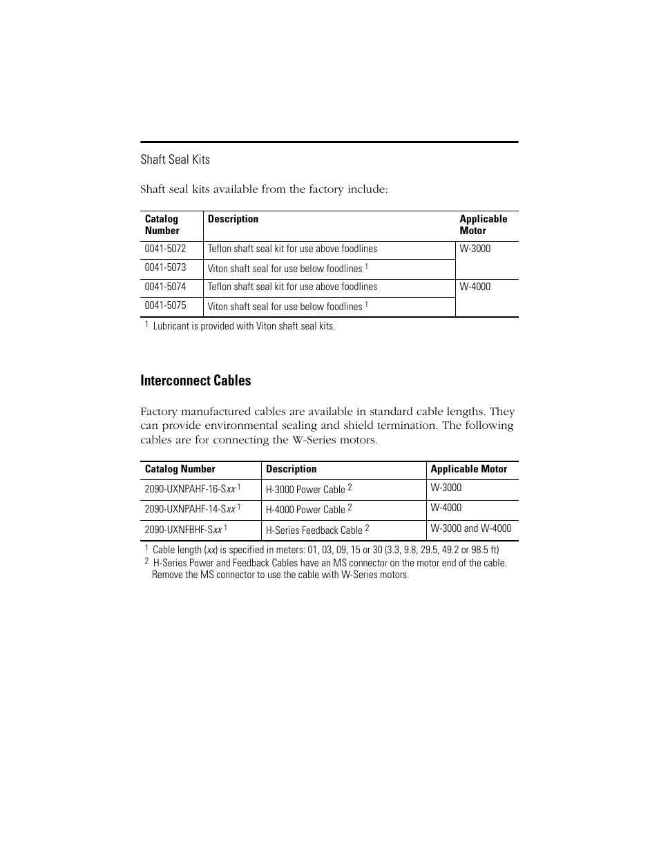 Shaft seal kits, Interconnect cables | Rockwell Automation W-Series Brushless Servo Motor  User Manual | Page 20 / 24