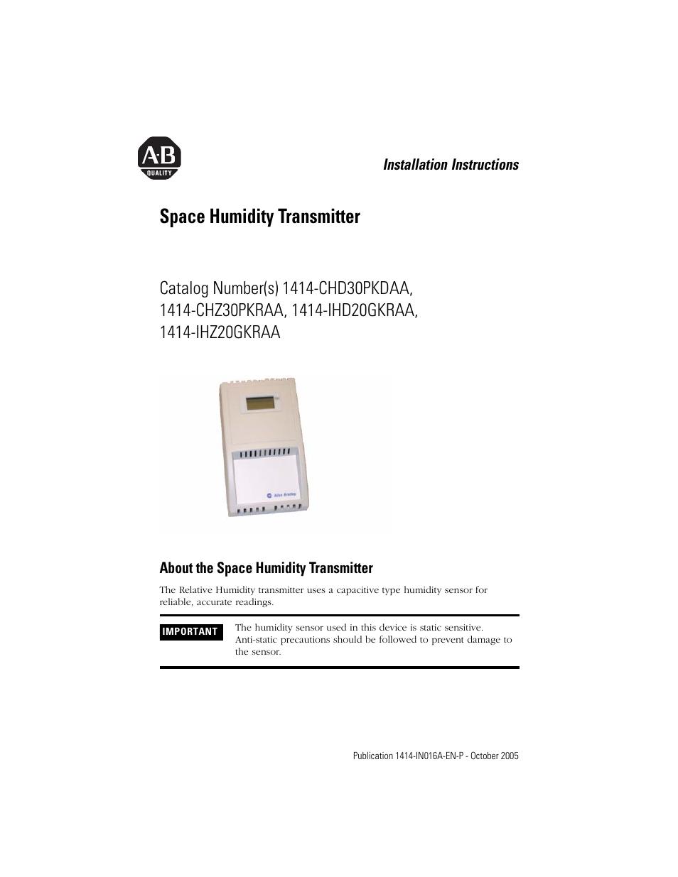 Rockwell Automation 1414-CHDxxxxx_CHZxxxxx_IHD20GKRAA_IHZ20GKRAA Space Humidity Transmitter User Manual | 4 pages