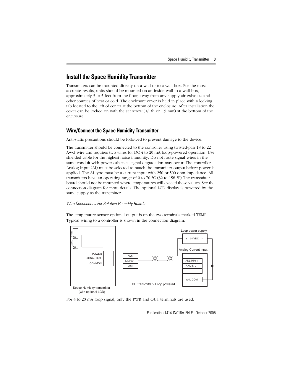 Install the space humidity transmitter, Wire/connect the space humidity transmitter, Wire connections for relative humidity boards | Rockwell Automation 1414-CHDxxxxx_CHZxxxxx_IHD20GKRAA_IHZ20GKRAA Space Humidity Transmitter User Manual | Page 3 / 4