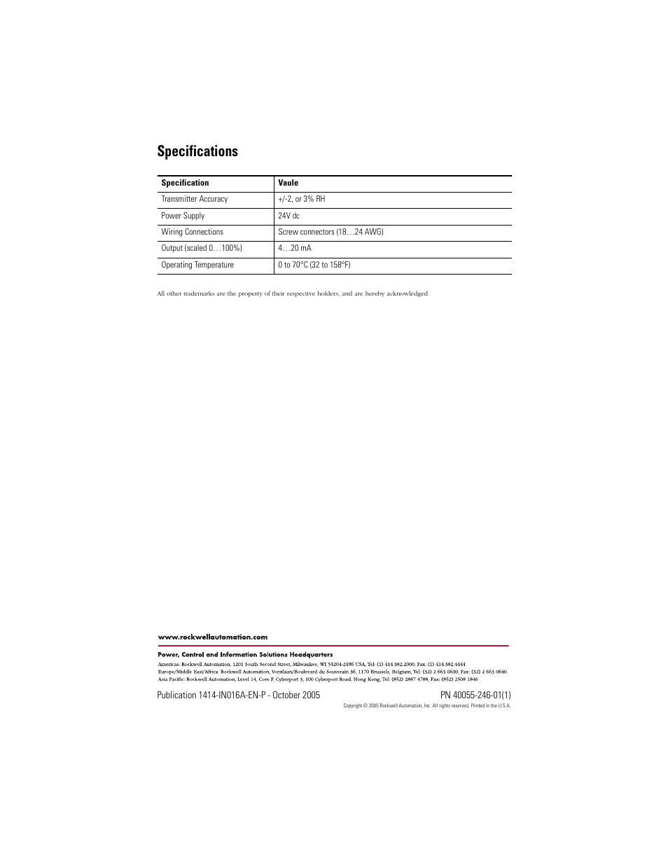 Specifications, Back cover | Rockwell Automation 1414-CHDxxxxx_CHZxxxxx_IHD20GKRAA_IHZ20GKRAA Space Humidity Transmitter User Manual | Page 4 / 4