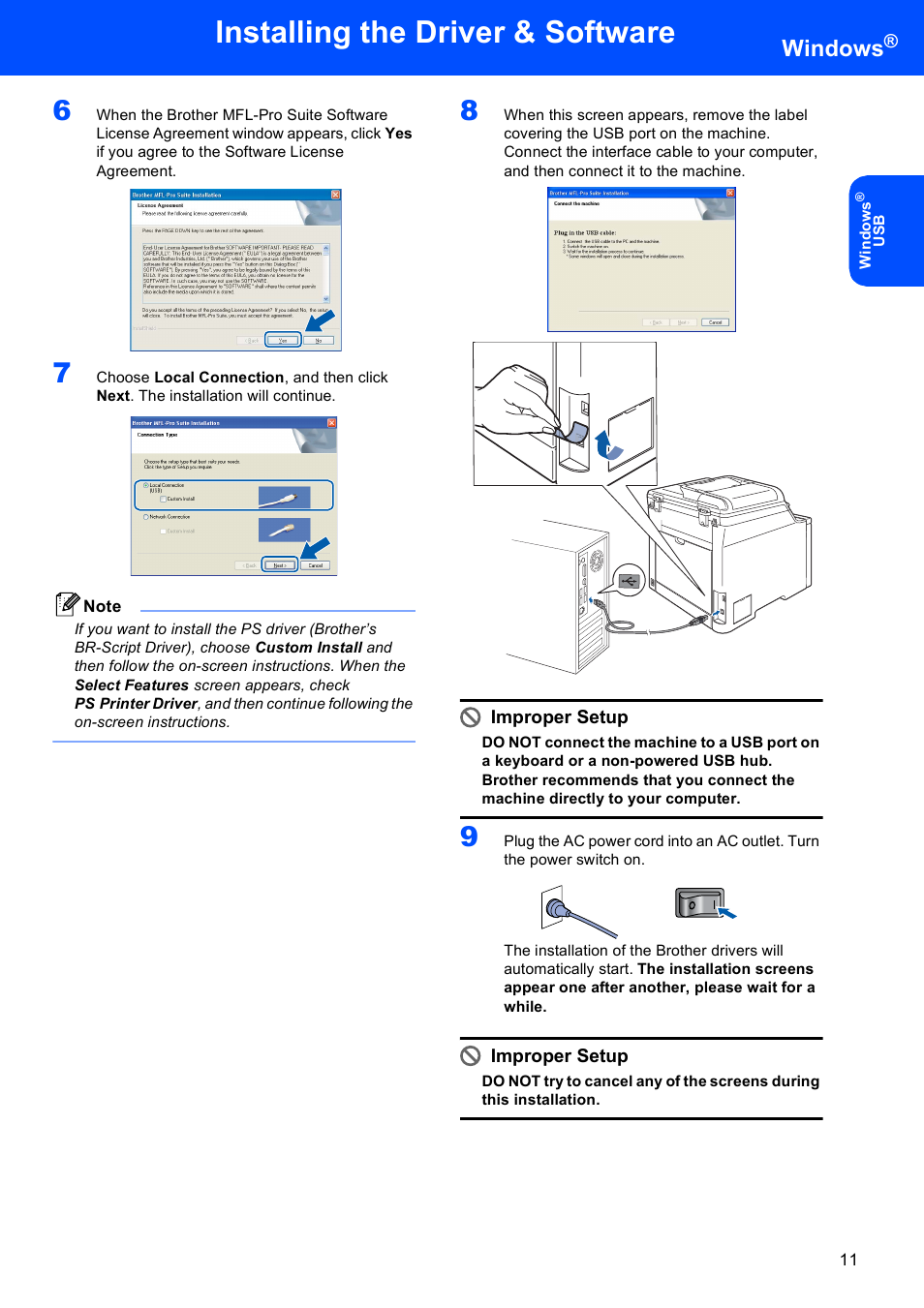 Installing the driver & software, Windows, Improper setup | Brother DCP-9042CDN User Manual | Page 13 / 31