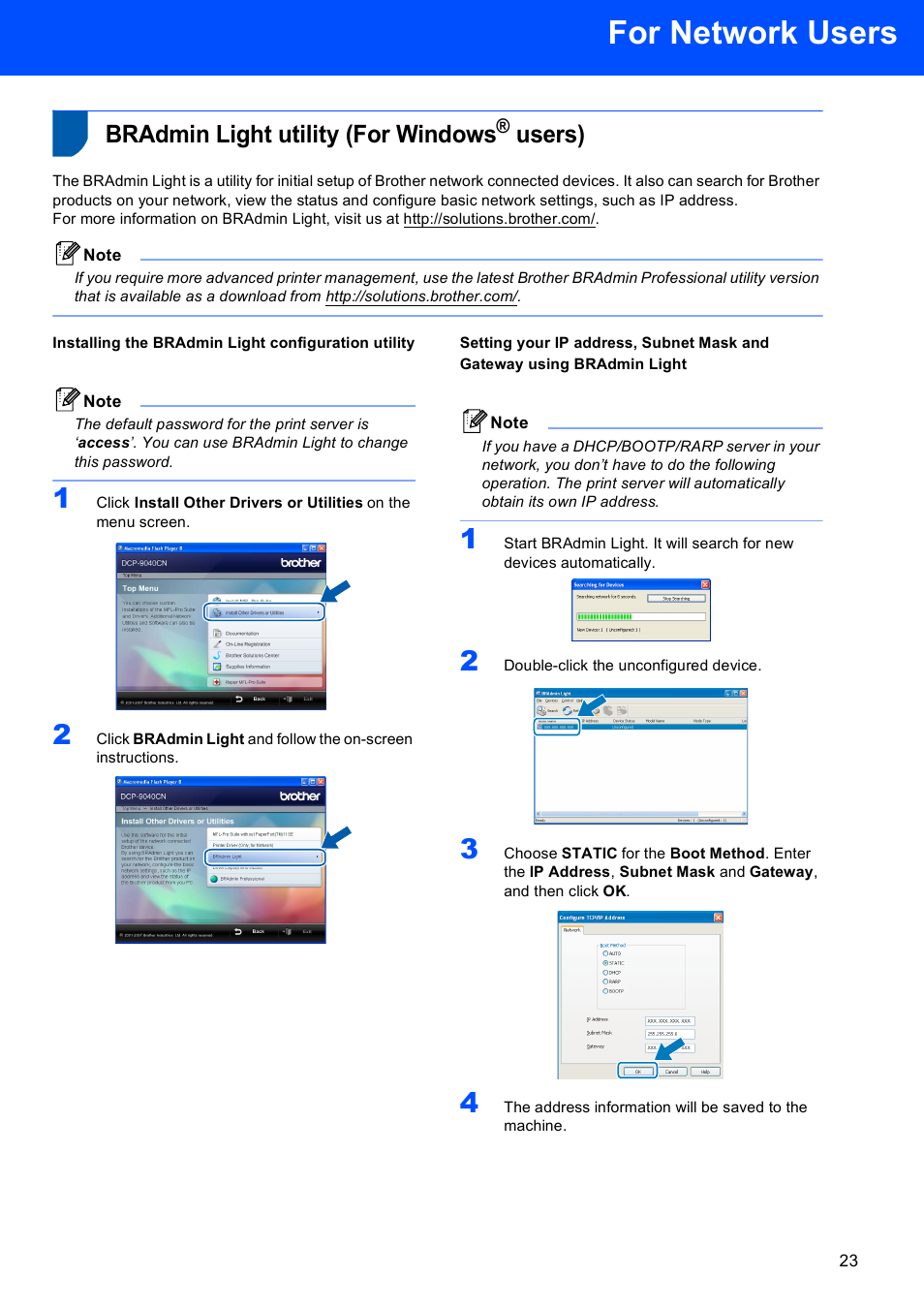 For network users, Bradmin light utility (for windows® users), Installing the bradmin light configuration utility | Bradmin light utility (for windows, Users) | Brother DCP-9042CDN User Manual | Page 25 / 31