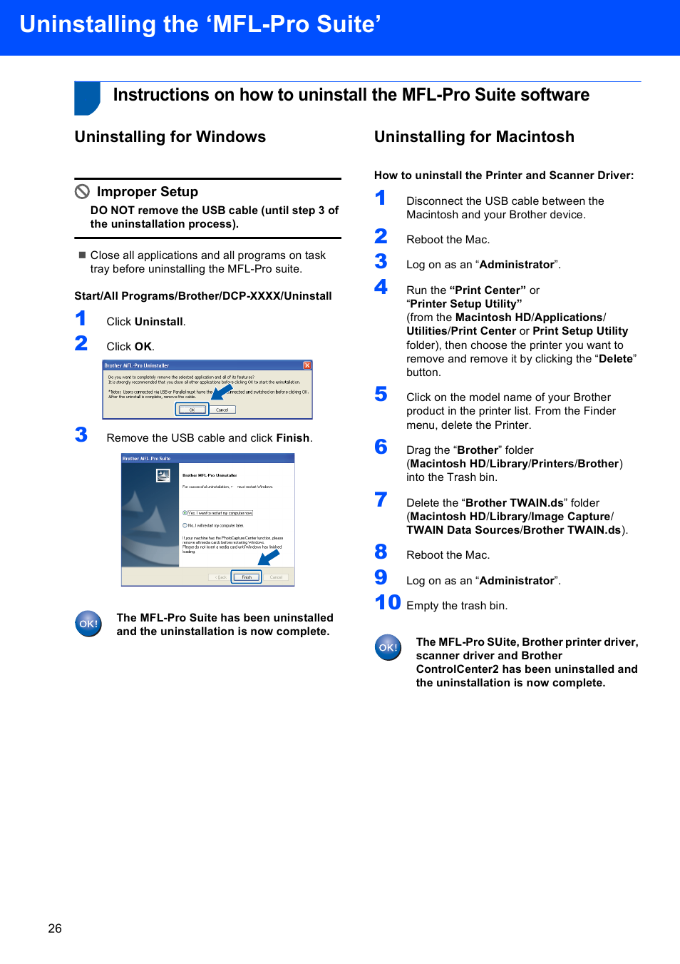 Uninstalling the ‘mfl-pro suite, Uninstalling for windows, Uninstalling for macintosh | Brother DCP-9042CDN User Manual | Page 28 / 31