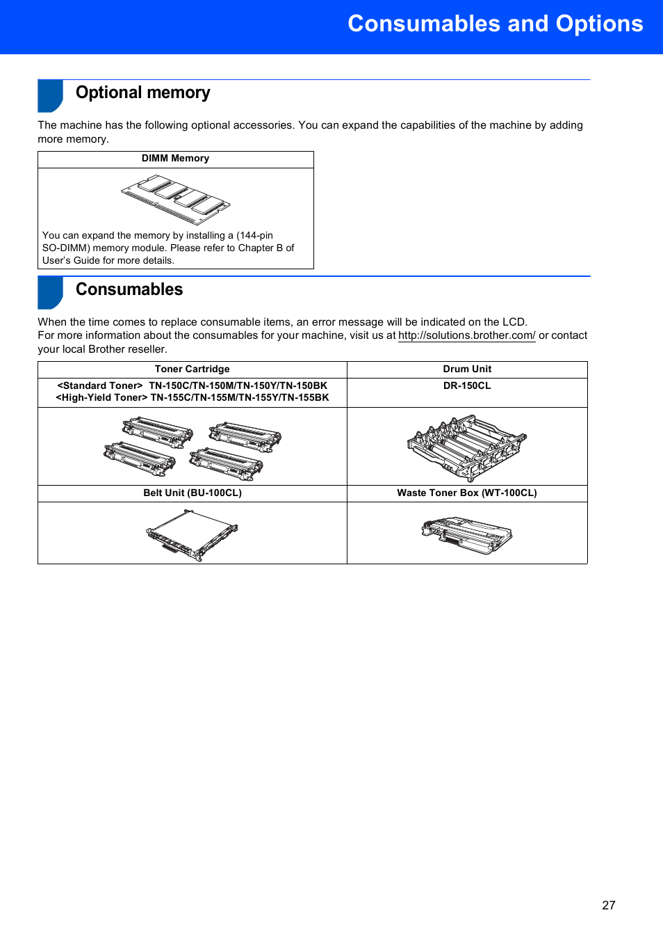 Consumables and options, Optional memory, Consumables | Optional memory consumables | Brother DCP-9042CDN User Manual | Page 29 / 31