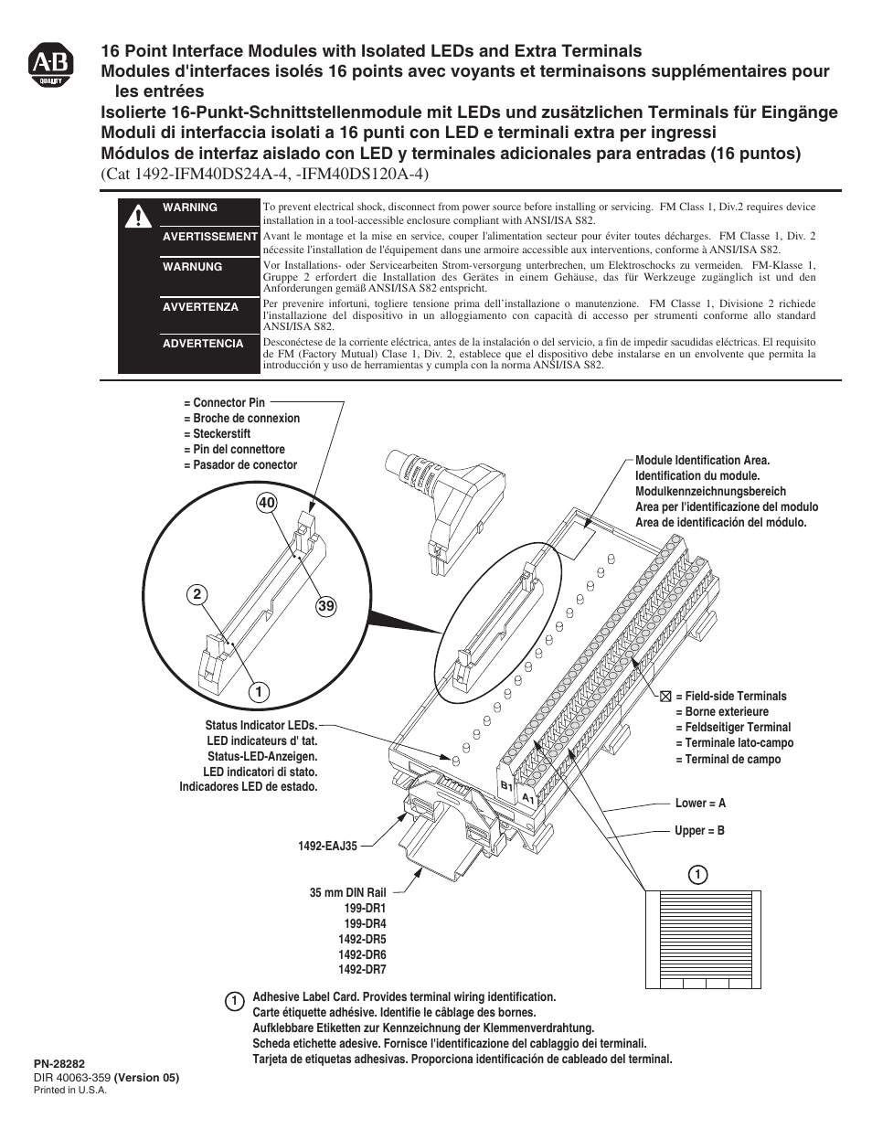 Rockwell Automation 1492-IFM40DS24A-4_IFM40DS120A-4 16 Point Isolated Interface Modules with LEDs and Extra Terminals User Manual | 4 pages