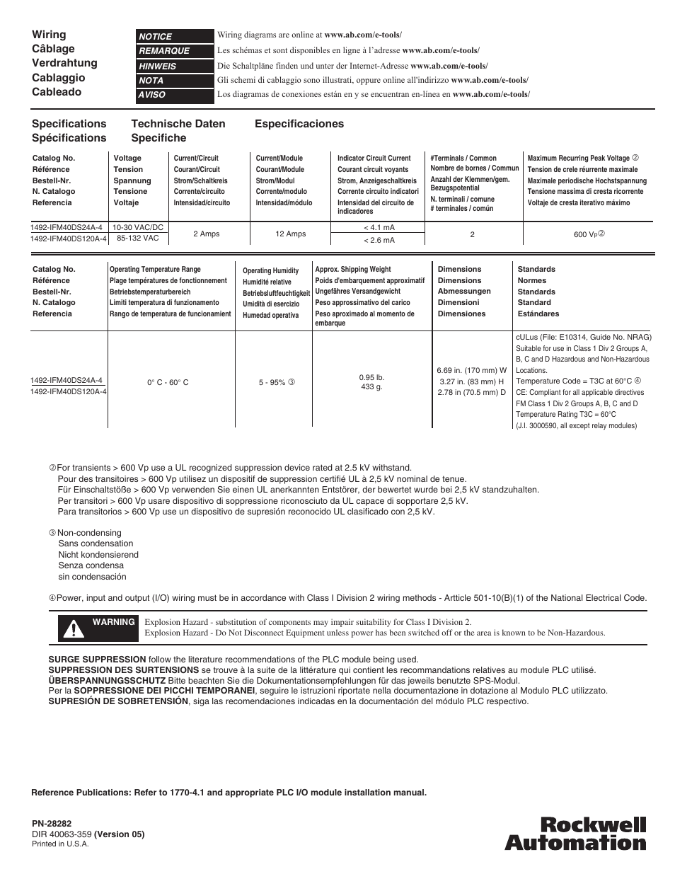 Specifications spécifications, Wiring câblage verdrahtung cablaggio cableado, Technische daten specifiche especificaciones | Rockwell Automation 1492-IFM40DS24A-4_IFM40DS120A-4 16 Point Isolated Interface Modules with LEDs and Extra Terminals User Manual | Page 4 / 4