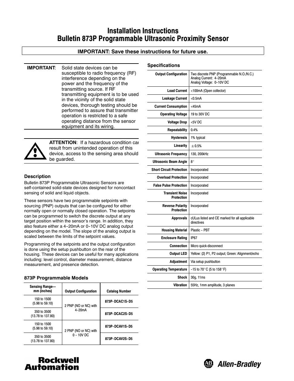 Rockwell Automation 873P Programmable Ultrasonic Sensors User Manual | 4 pages