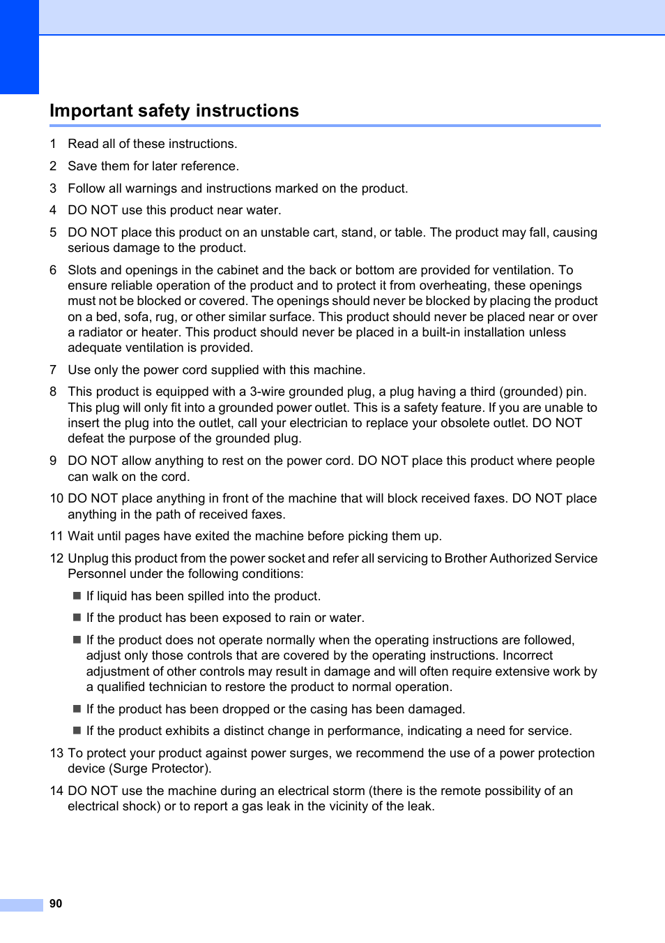 Important safety instructions | Brother MFC-253CW User Manual | Page 100 / 176