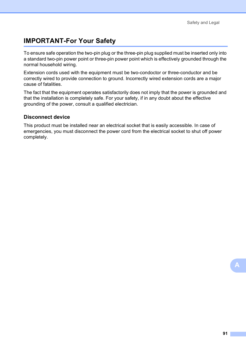 Important-for your safety, Disconnect device, Aimportant-for your safety | Brother MFC-253CW User Manual | Page 101 / 176