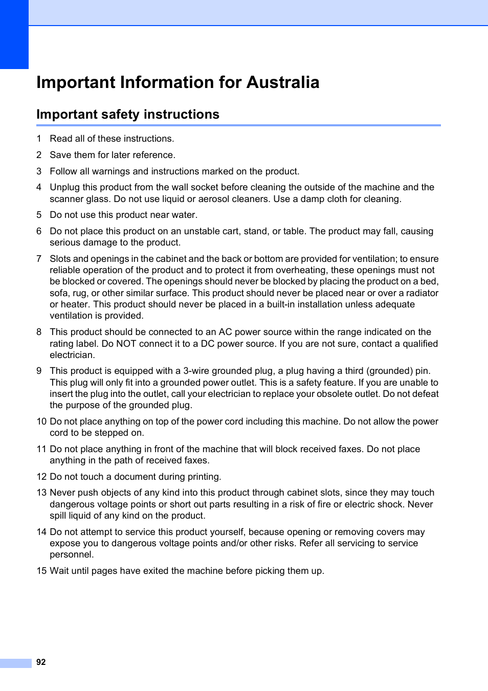 Important information for australia, Important safety instructions | Brother MFC-253CW User Manual | Page 102 / 176