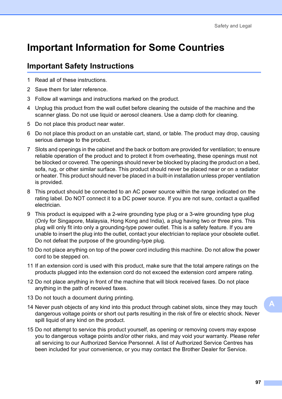 Important information for some countries, Important safety instructions | Brother MFC-253CW User Manual | Page 107 / 176