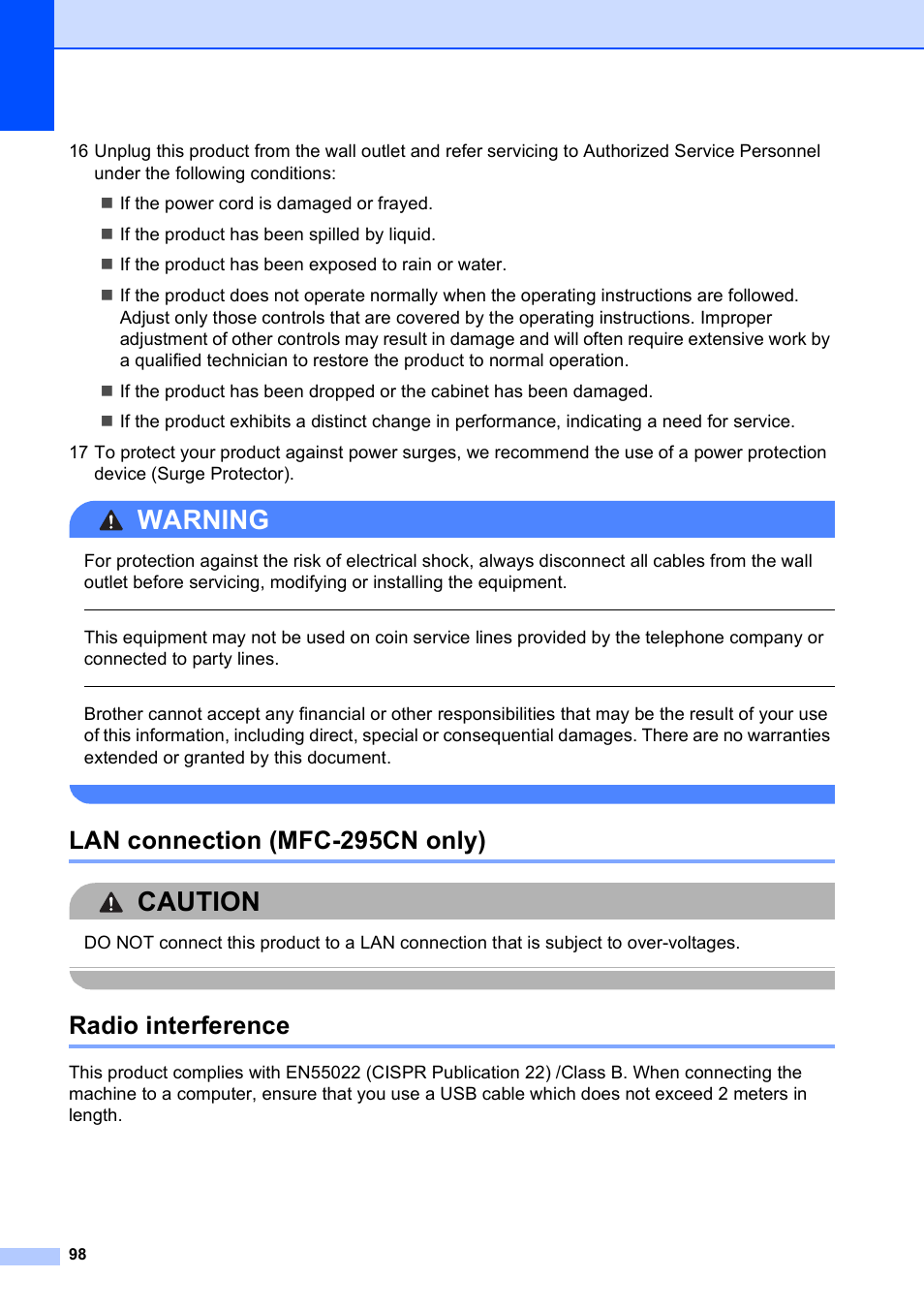 Lan connection (mfc-295cn only), Radio interference, Lan connection (mfc-295cn only) radio interference | Warning, Caution | Brother MFC-253CW User Manual | Page 108 / 176