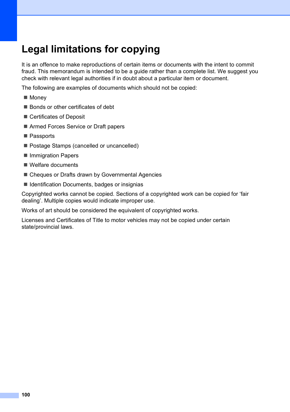 Legal limitations for copying | Brother MFC-253CW User Manual | Page 110 / 176