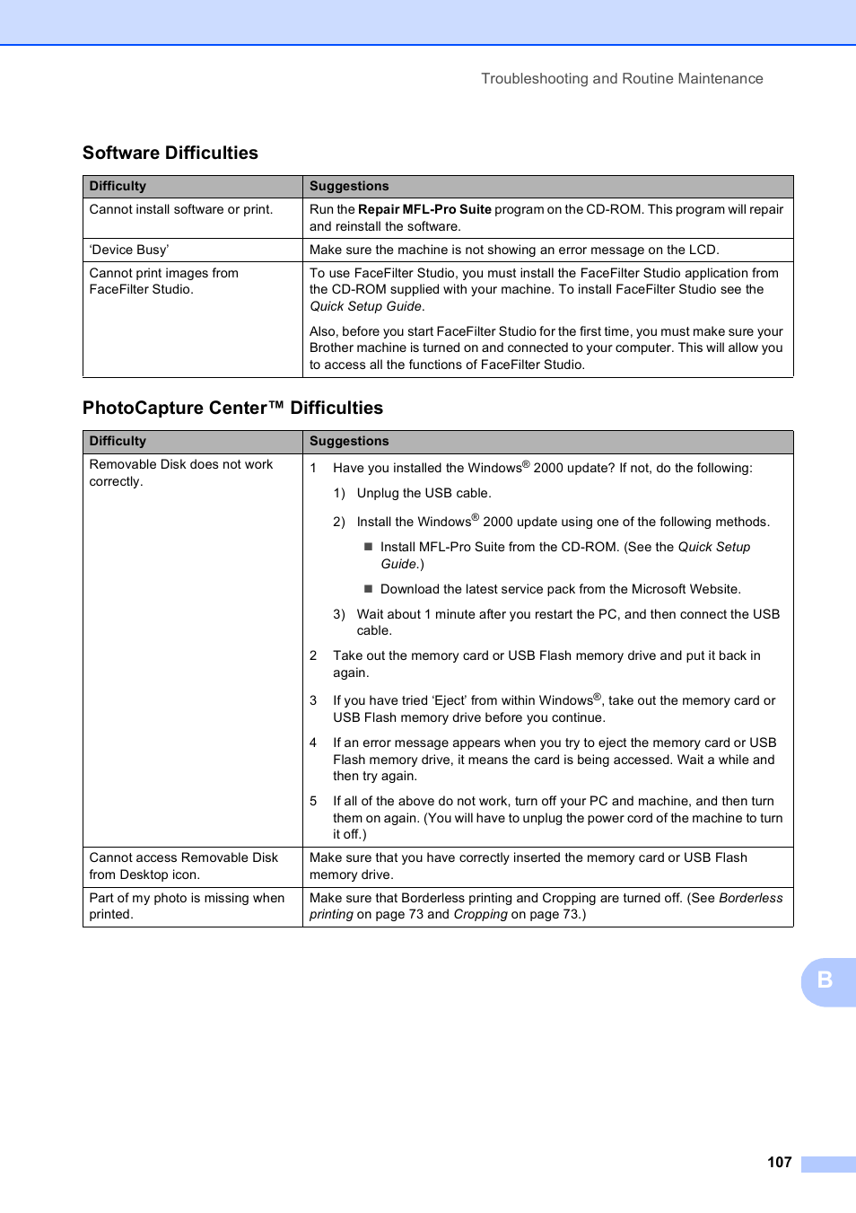 Software difficulties, Photocapture center™ difficulties | Brother MFC-253CW User Manual | Page 117 / 176