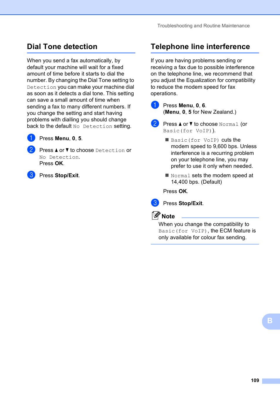 Dial tone detection, Telephone line interference, Dial tone detection telephone line interference | Bdial tone detection | Brother MFC-253CW User Manual | Page 119 / 176