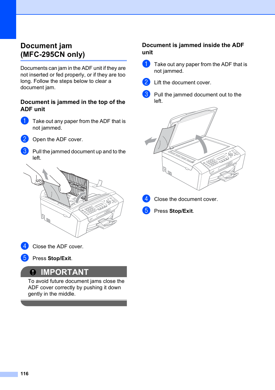 Document jam (mfc-295cn only), Document is jammed in the top of the adf unit, Document is jammed inside the adf unit | Important | Brother MFC-253CW User Manual | Page 126 / 176