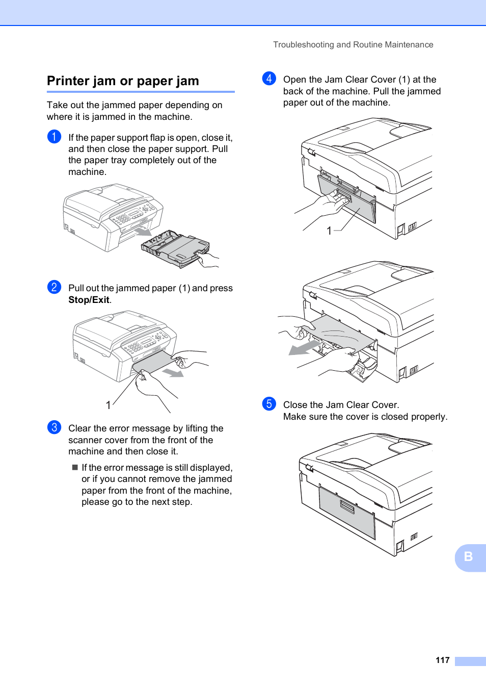 Printer jam or paper jam, Bprinter jam or paper jam | Brother MFC-253CW User Manual | Page 127 / 176