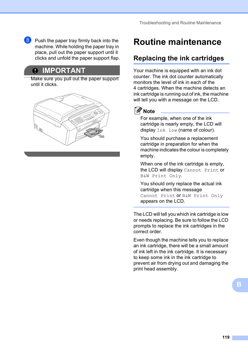 Routine maintenance, Replacing the ink cartridges, Important | Brother MFC-253CW User Manual | Page 129 / 176