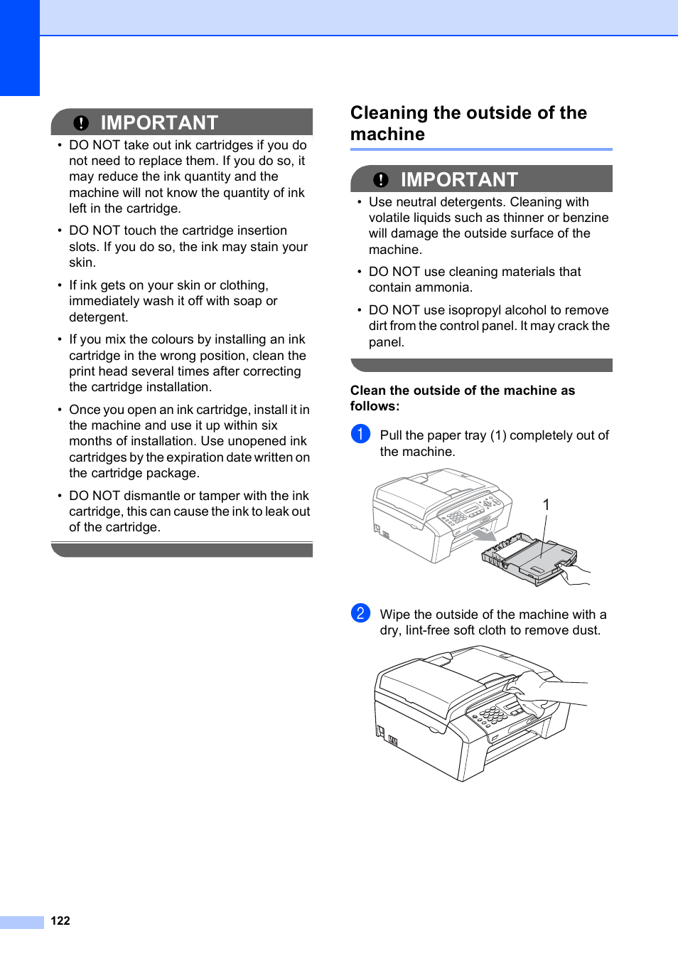 Cleaning the outside of the machine, Important | Brother MFC-253CW User Manual | Page 132 / 176