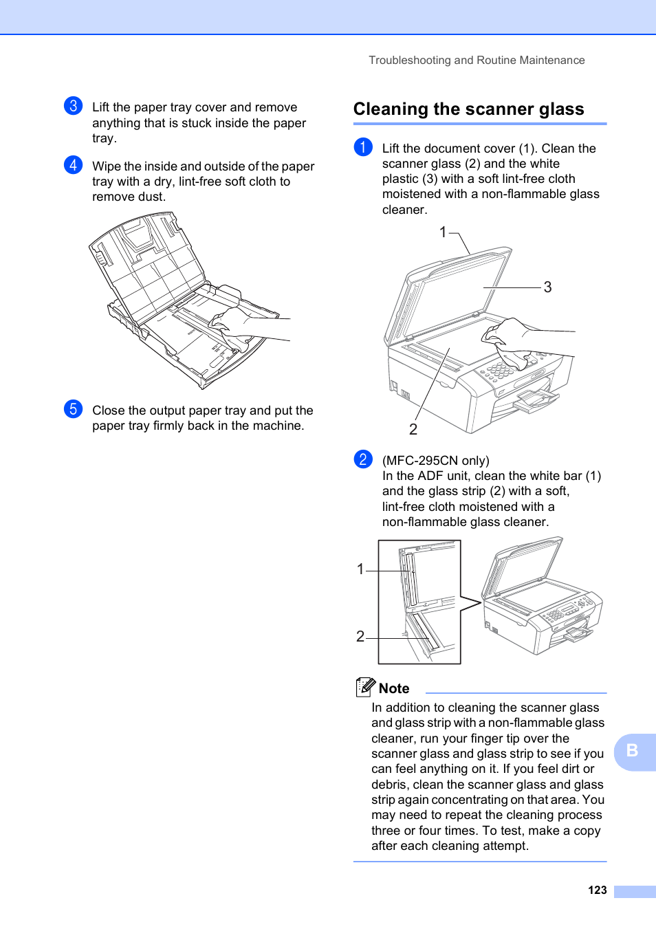 Cleaning the scanner glass | Brother MFC-253CW User Manual | Page 133 / 176