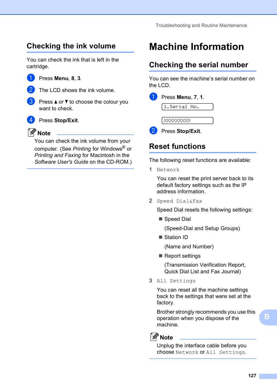 Checking the ink volume, Machine information, Checking the serial number | Reset functions, Checking the serial number reset functions, Bchecking the ink volume | Brother MFC-253CW User Manual | Page 137 / 176