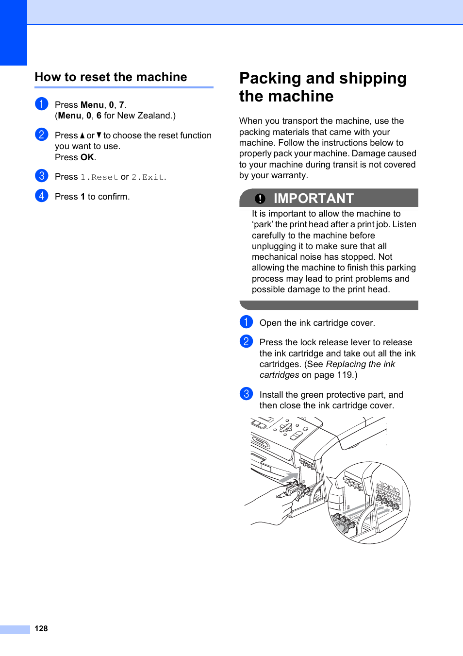 How to reset the machine, Packing and shipping the machine, Important | Brother MFC-253CW User Manual | Page 138 / 176