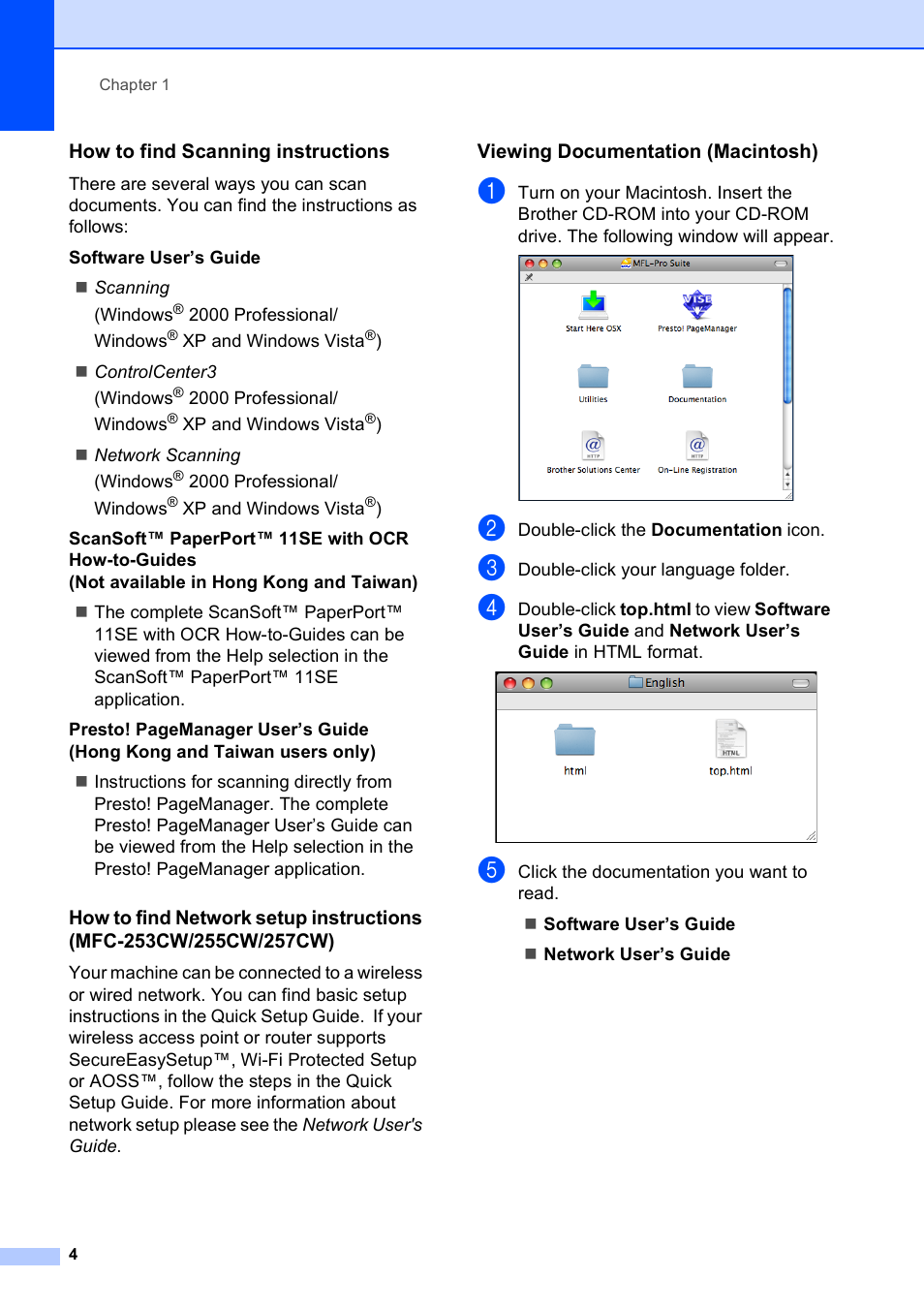 How to find scanning instructions, Viewing documentation (macintosh) | Brother MFC-253CW User Manual | Page 14 / 176