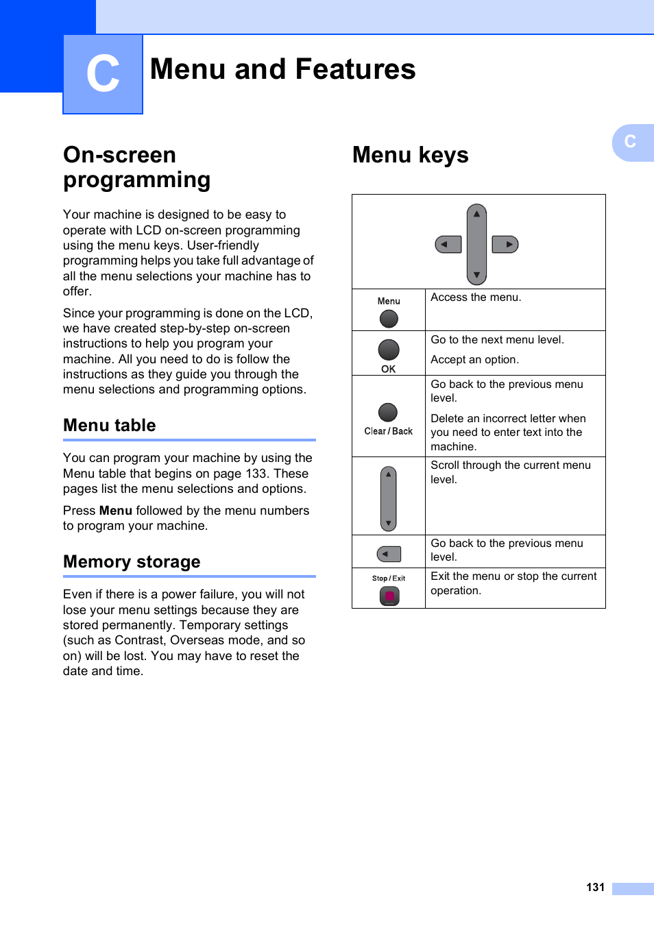C menu and features, On-screen programming, Menu table | Memory storage, Menu keys, Menu and features, Menu table memory storage | Brother MFC-253CW User Manual | Page 141 / 176