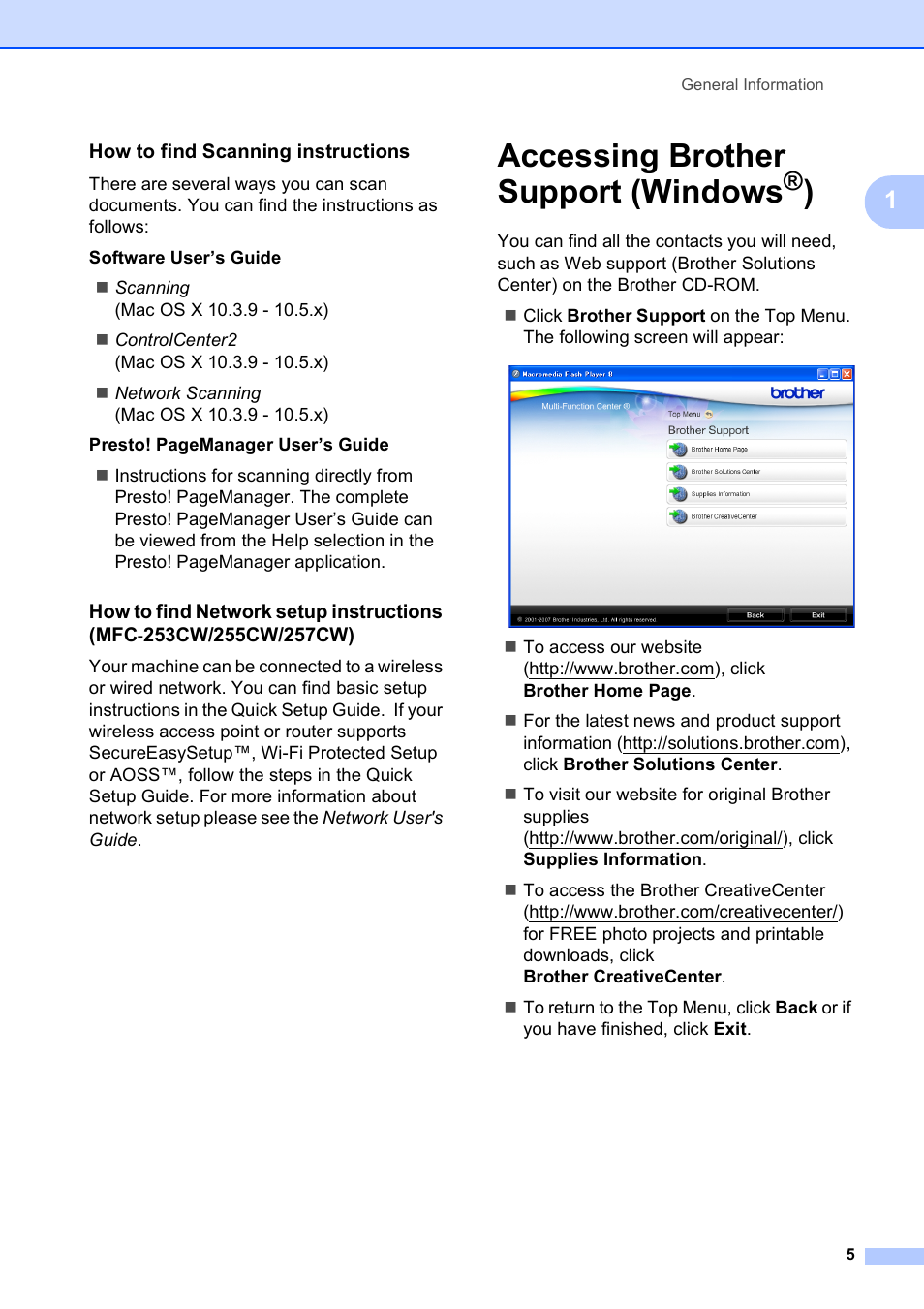 How to find scanning instructions, Accessing brother support (windows®), Accessing brother support (windows | Brother MFC-253CW User Manual | Page 15 / 176