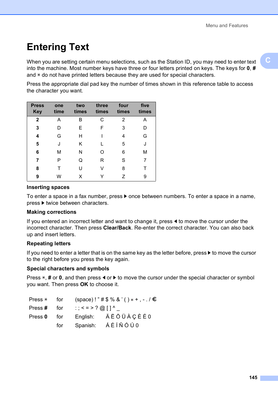 Entering text | Brother MFC-253CW User Manual | Page 155 / 176